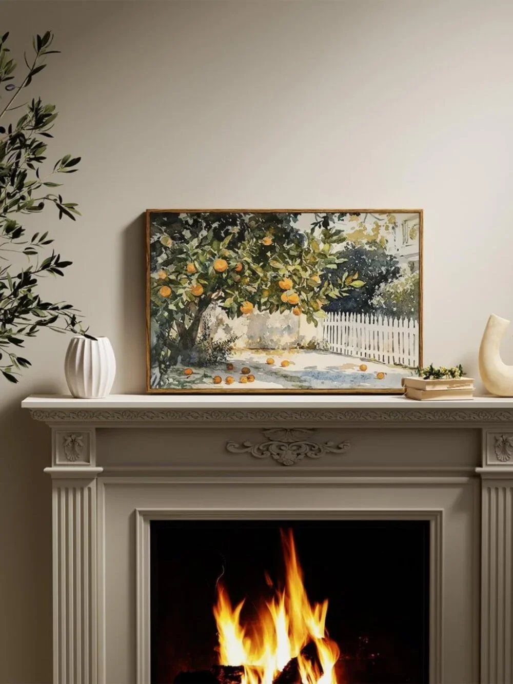 Rustic Fall Canvas Wall Art - Orange Trees Decor for Kitchen & Fireplace, 16x24